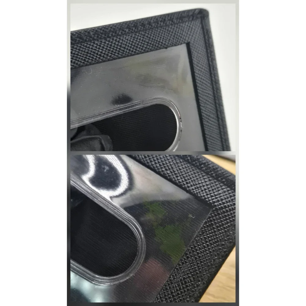 Prada Saffiano Leather Bifold Card Holder Wallet Black Triangle Logo ID Window